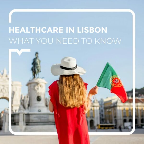 Woman with her back to the Place du Commerce holding a Portuguese flag